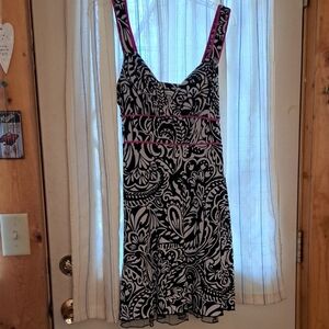 Black and White Patterned Dress with Pink Accents